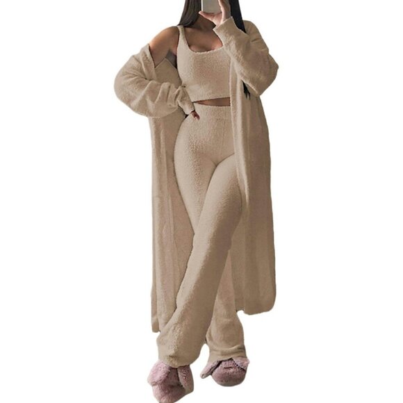 Fuzzy 3-Piece Lounge Set with Cardigan Crop Top Wide Leg Pants